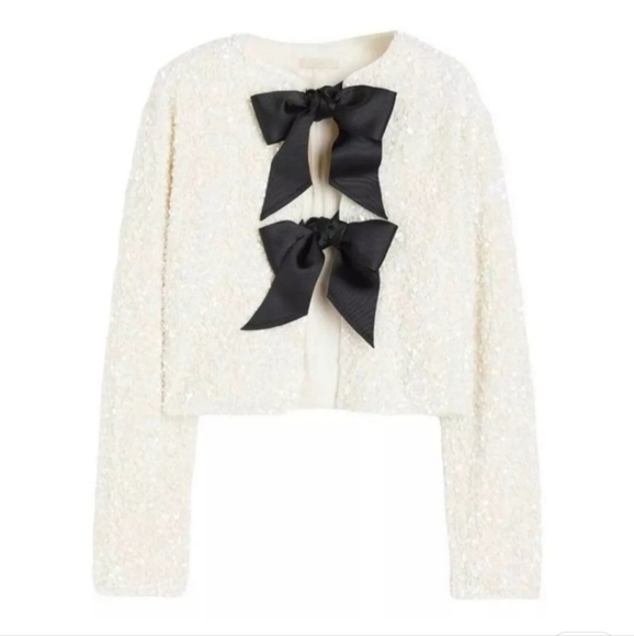 H&M viral white sequin black bow ribbon tie front cardigan sweater - Picture 8 of 16